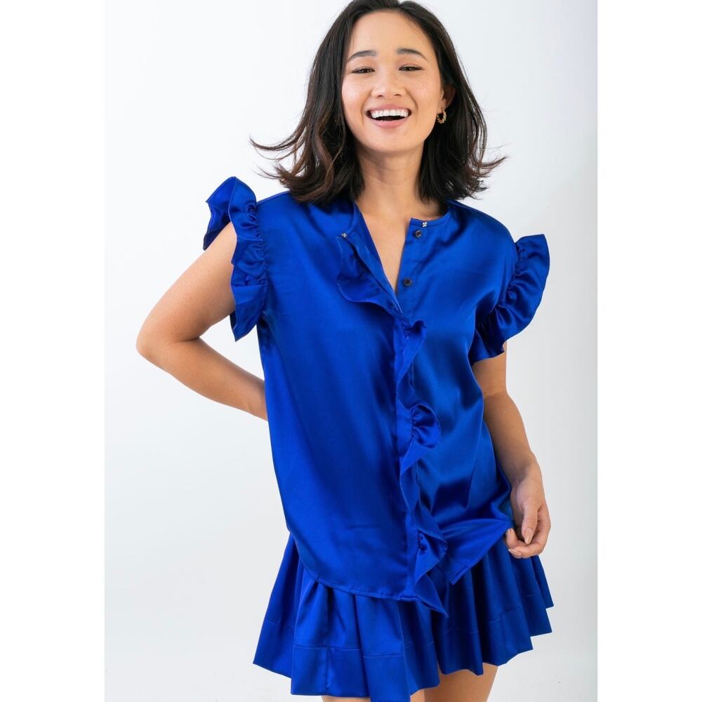 KOCH Erica Royal Blue Ruffle Button Front Blouse Sapphire Career Top EUC
